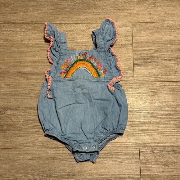 Mud Pie Chambray Baby Romper | Embroidered Rainbow Floral | 6–9M - Picture 1 of 5